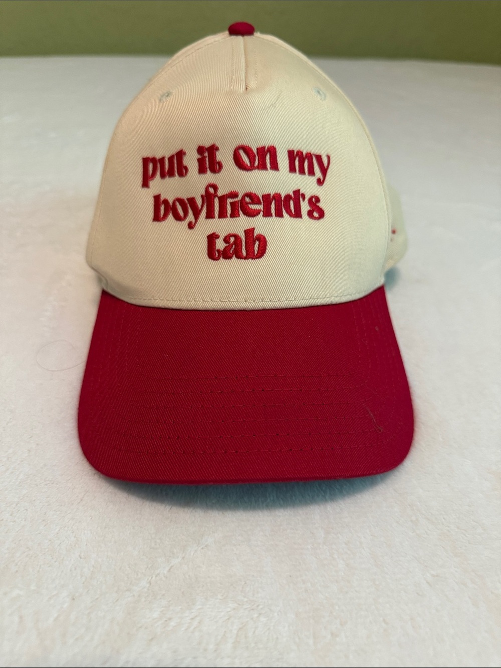 OTTO Cream and Red Baseball Cap with Cute  Put It On My Boyfriend’s Tab